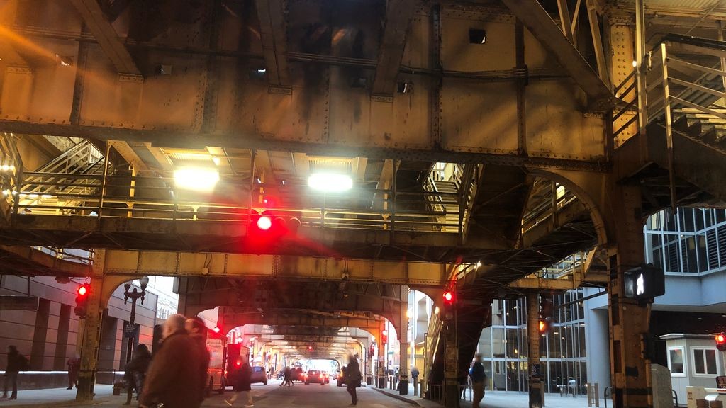 Street-level low light example from Downtown Chicago Loop River North, cropped to show the local street context.