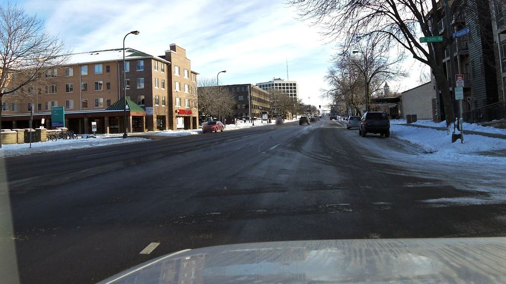 Street-level low light example from University Dinkytown Minneapolis, cropped to show the local street context.
